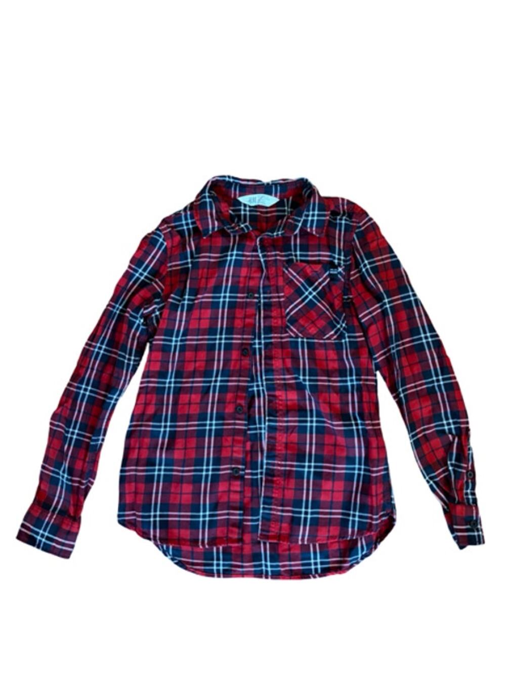 H&M Boys Plaid Button Front Shirt Size 10-11Y Red Blue Long Sleeve Cotton